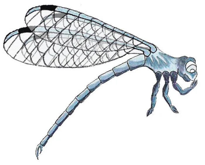 A hand-drawn blue dragonfly sketch