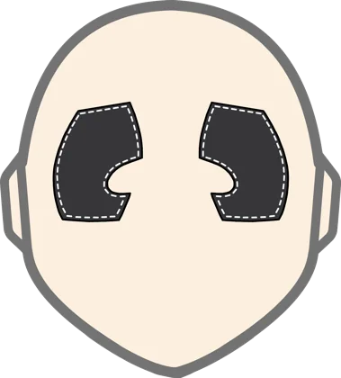 The Golli Goth rag doll face: a round, bald head with big black stitched eyes
