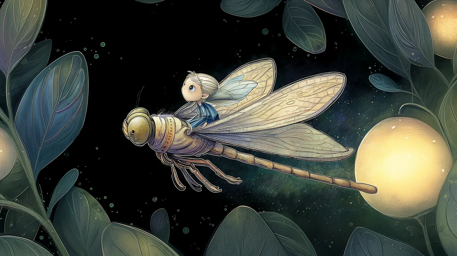 A little Wish Faerie riding a dragonfly through a night garden full of glowing lanterns
