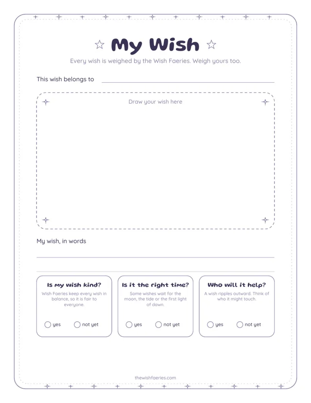 Preview of the My Wish printable page with a drawing box and three questions